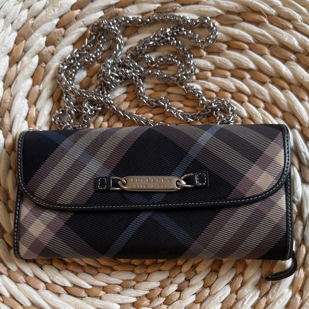 BURBERRY Blue Label Blue Nova Check Bifold Long Wallet Authentic With Chain